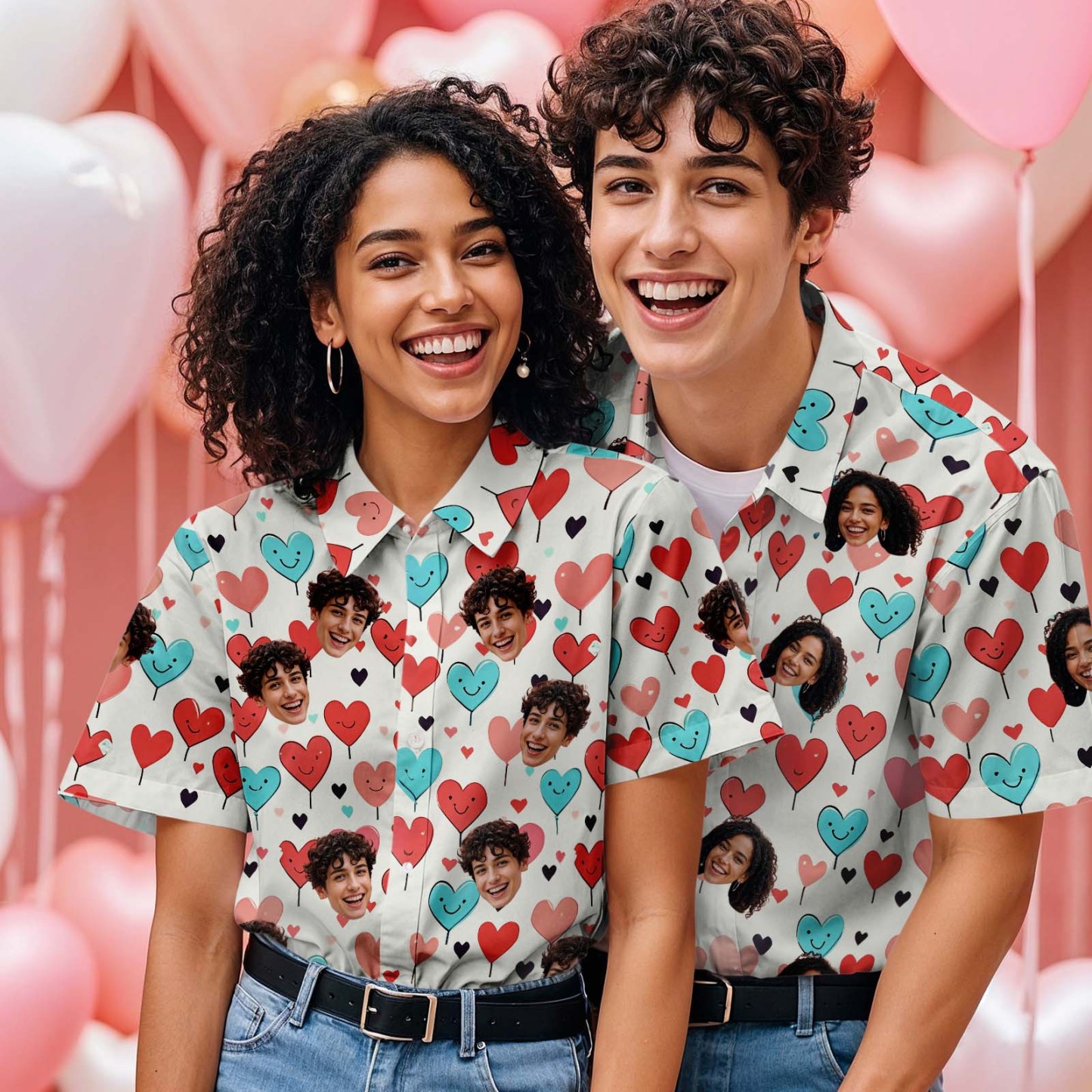 Custom Face Hawaiian Shirt Artistic Pink & Blue Heart Design Personalized Valentine's Day Gift for Couples - auphotoblanket