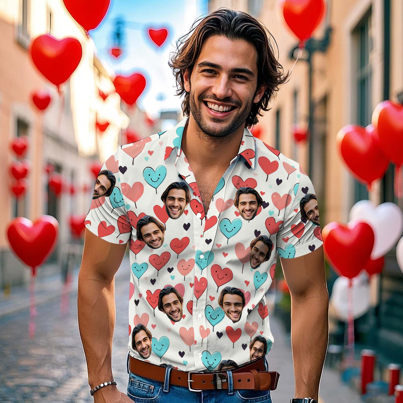 Custom Face Hawaiian Shirt Artistic Pink & Blue Heart Design Personalized Valentine's Day Gift for Couples