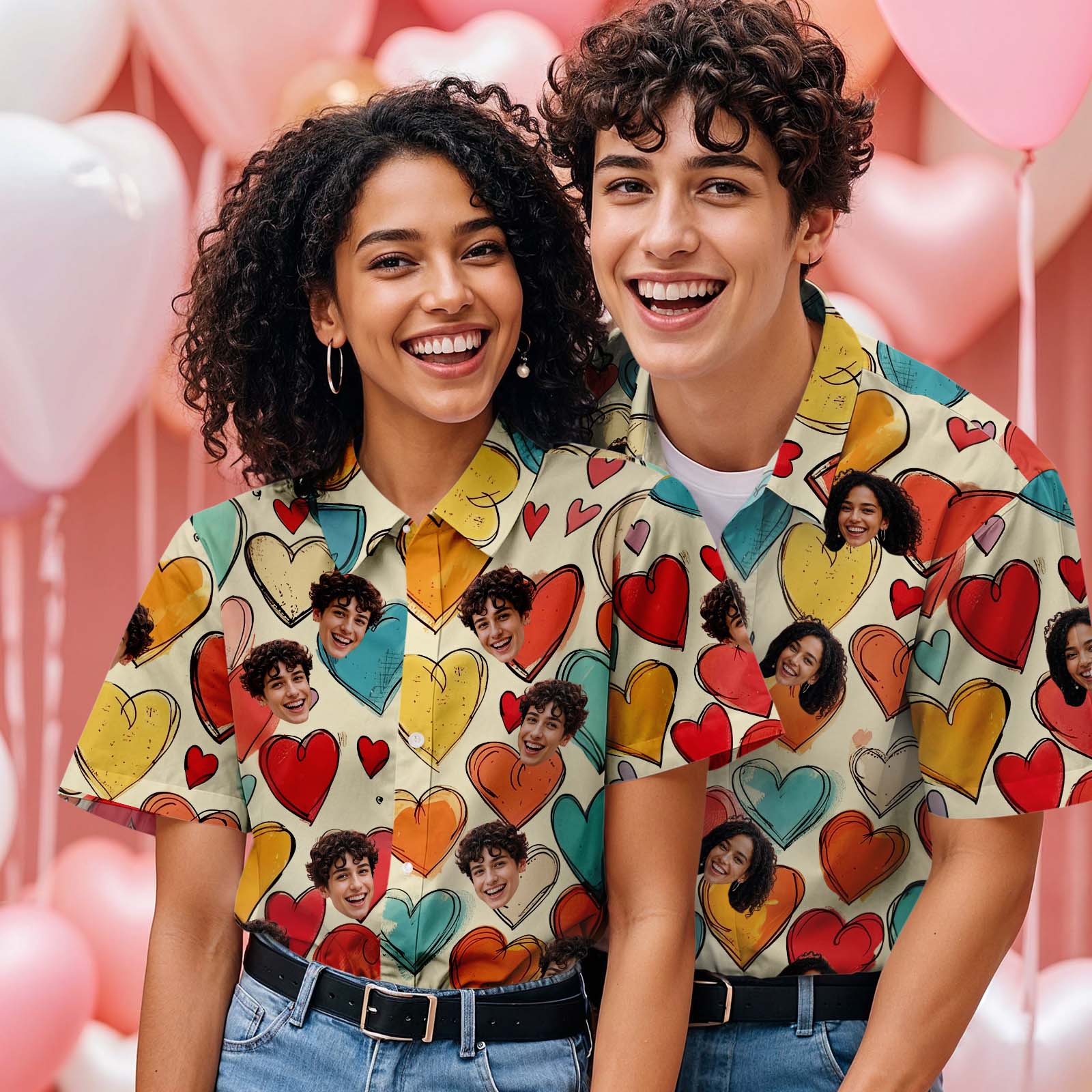 Personalized Hawaiian Shirt Valentine's Day Cartoon Vintage Yellow Heart-Style Custom Hawaiian Shirt for Couples Matching Couple Shirt