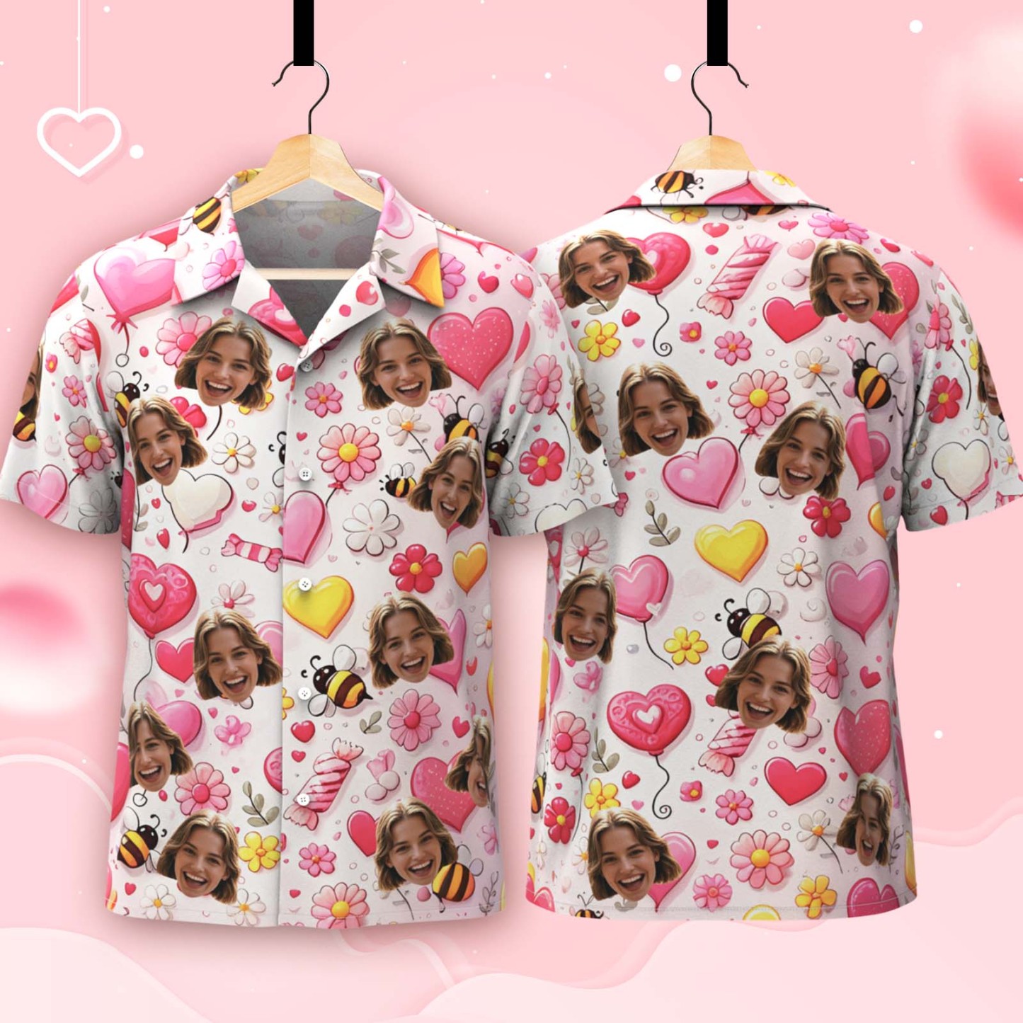 Custom Face Hawaiian Shirt Personalized Valentine's Day Bee Pink Heart and Pink Candy Style Shirt for Couples - auphotoblanket