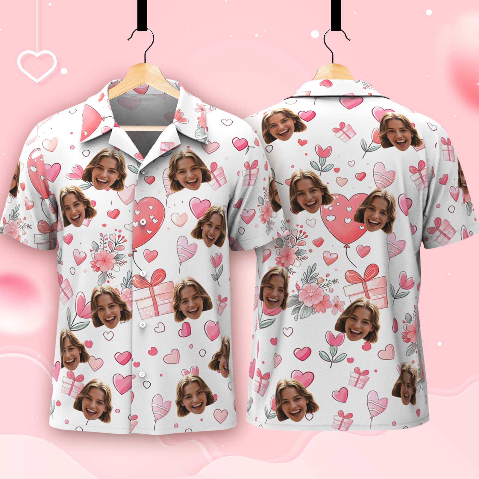 Custom Face Hawaiian Shirt Personalized Valentine's Day Pink Gift Box Style Shirt for Couples
