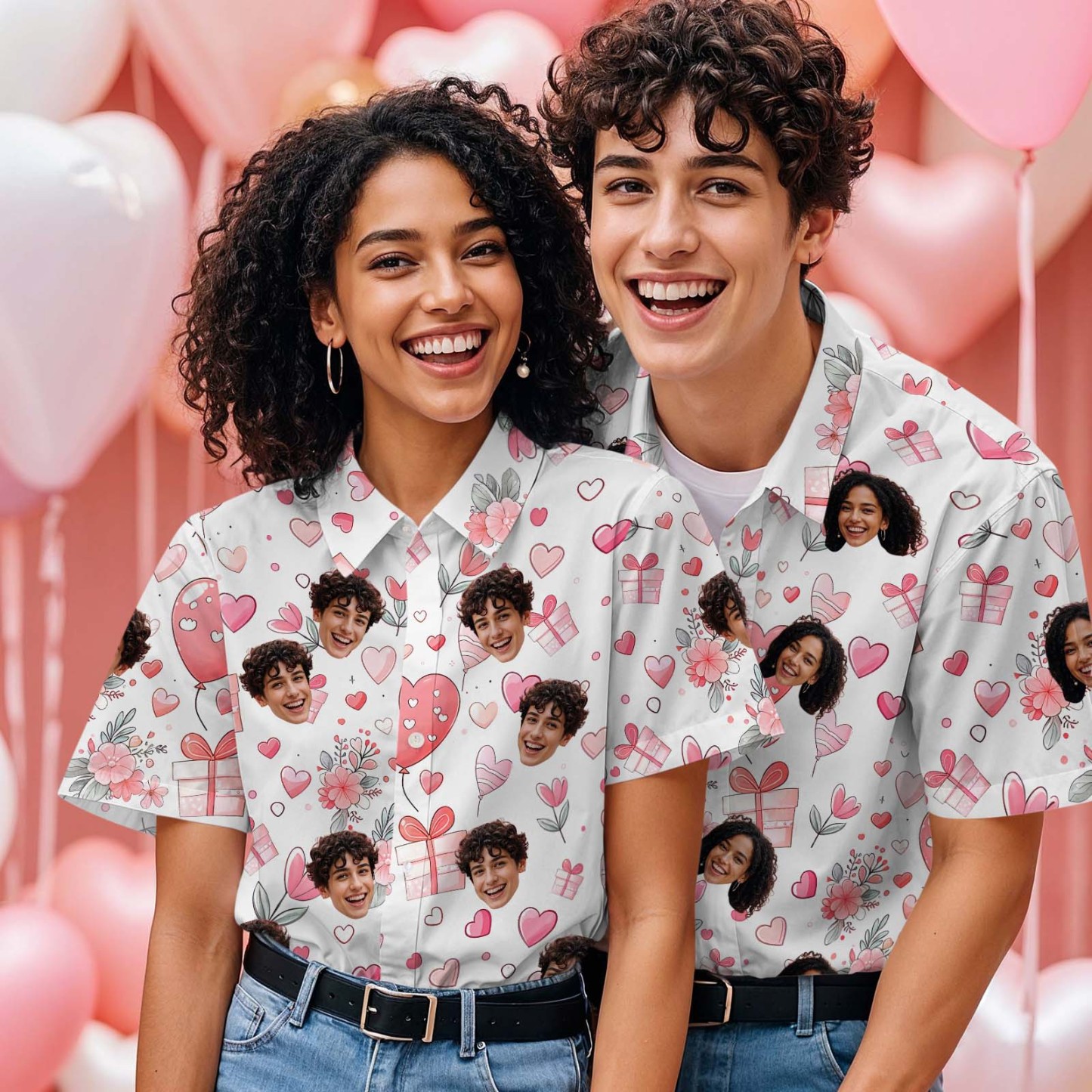 Custom Face Hawaiian Shirt Personalized Valentine's Day Pink Gift Box Style Shirt for Couples - auphotoblanket