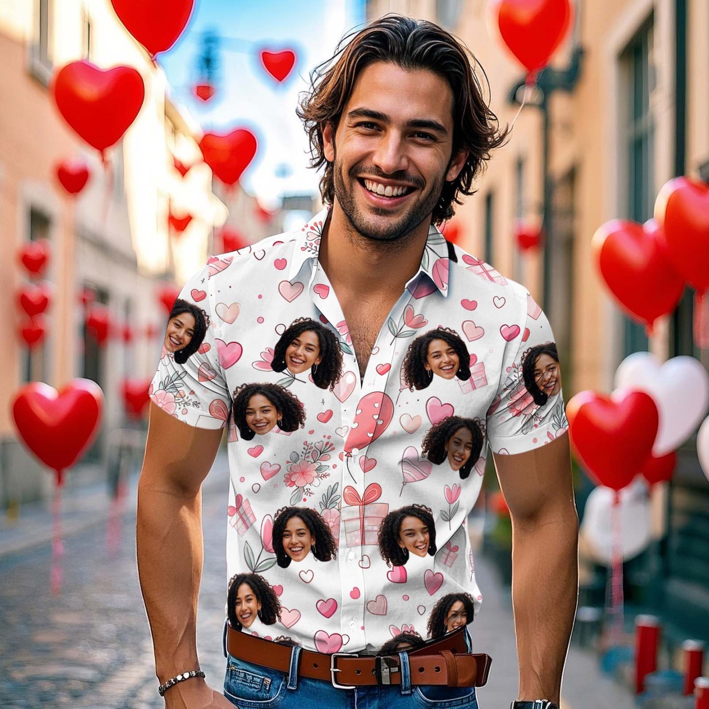 Custom Face Hawaiian Shirt Personalized Valentine's Day Pink Gift Box Style Shirt for Couples - auphotoblanket