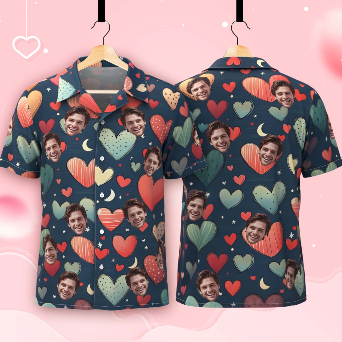 Personalized Valentine's Day Blue Pink Heart Style Hawaiian Shirt for Couples Custom Face Hawaiian Shirt For Him - auphotoblanket