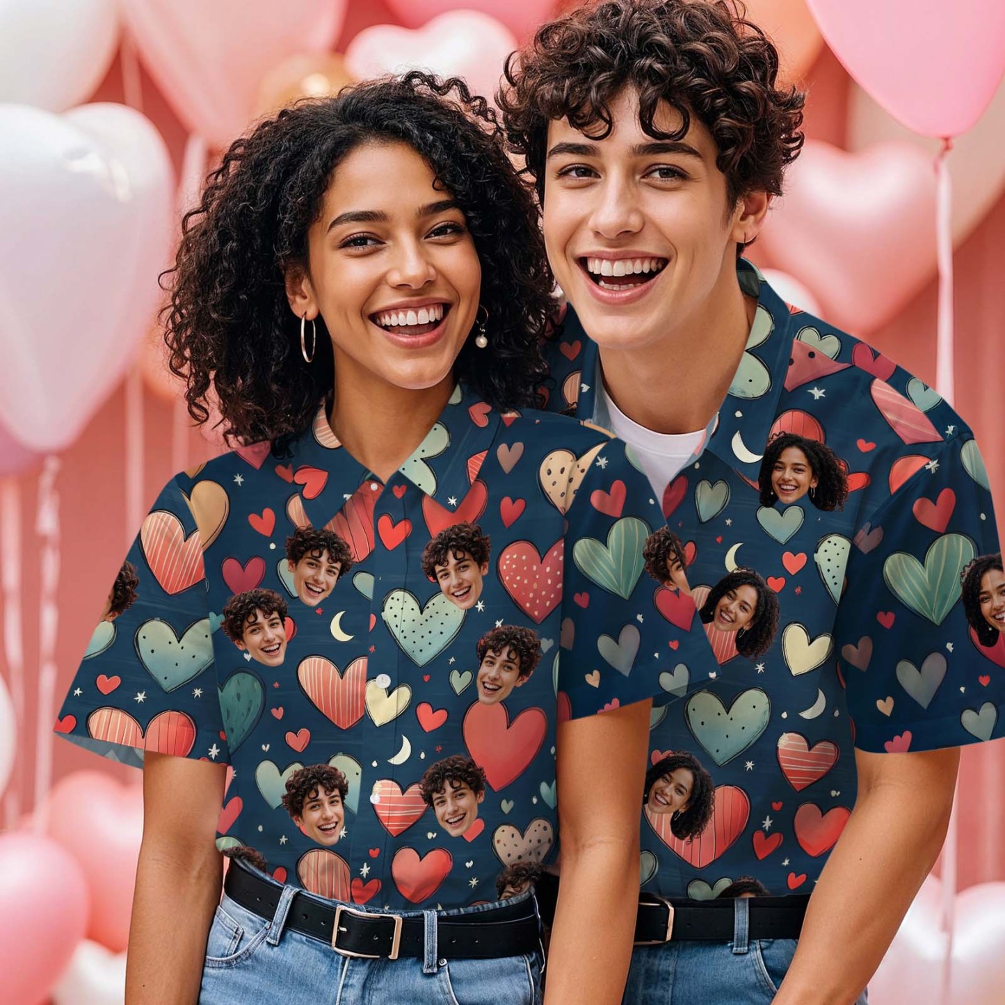 Personalized Valentine's Day Blue Pink Heart Style Hawaiian Shirt for Couples Custom Face Hawaiian Shirt For Him - auphotoblanket