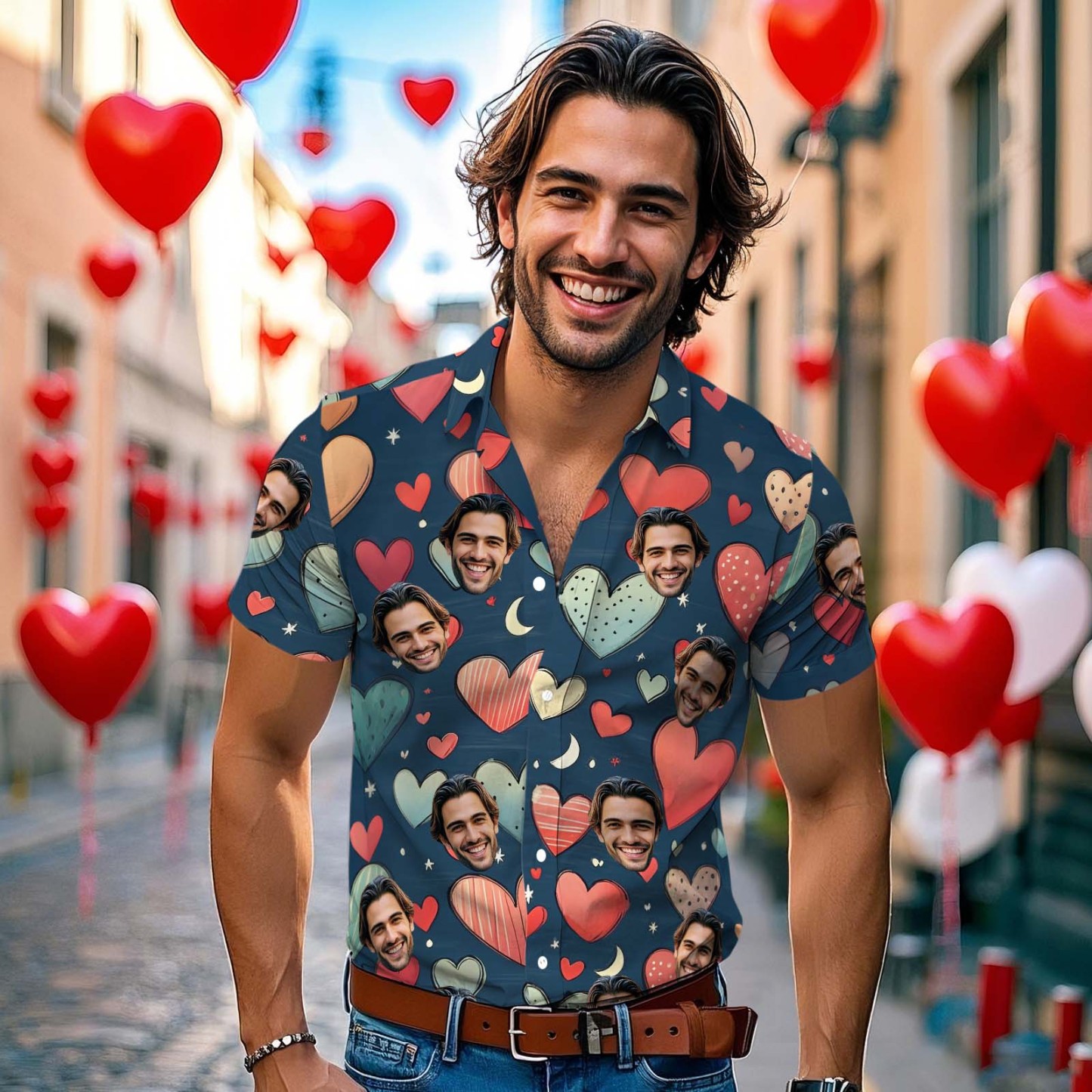 Personalized Valentine's Day Blue Pink Heart Style Hawaiian Shirt for Couples Custom Face Hawaiian Shirt For Him - auphotoblanket