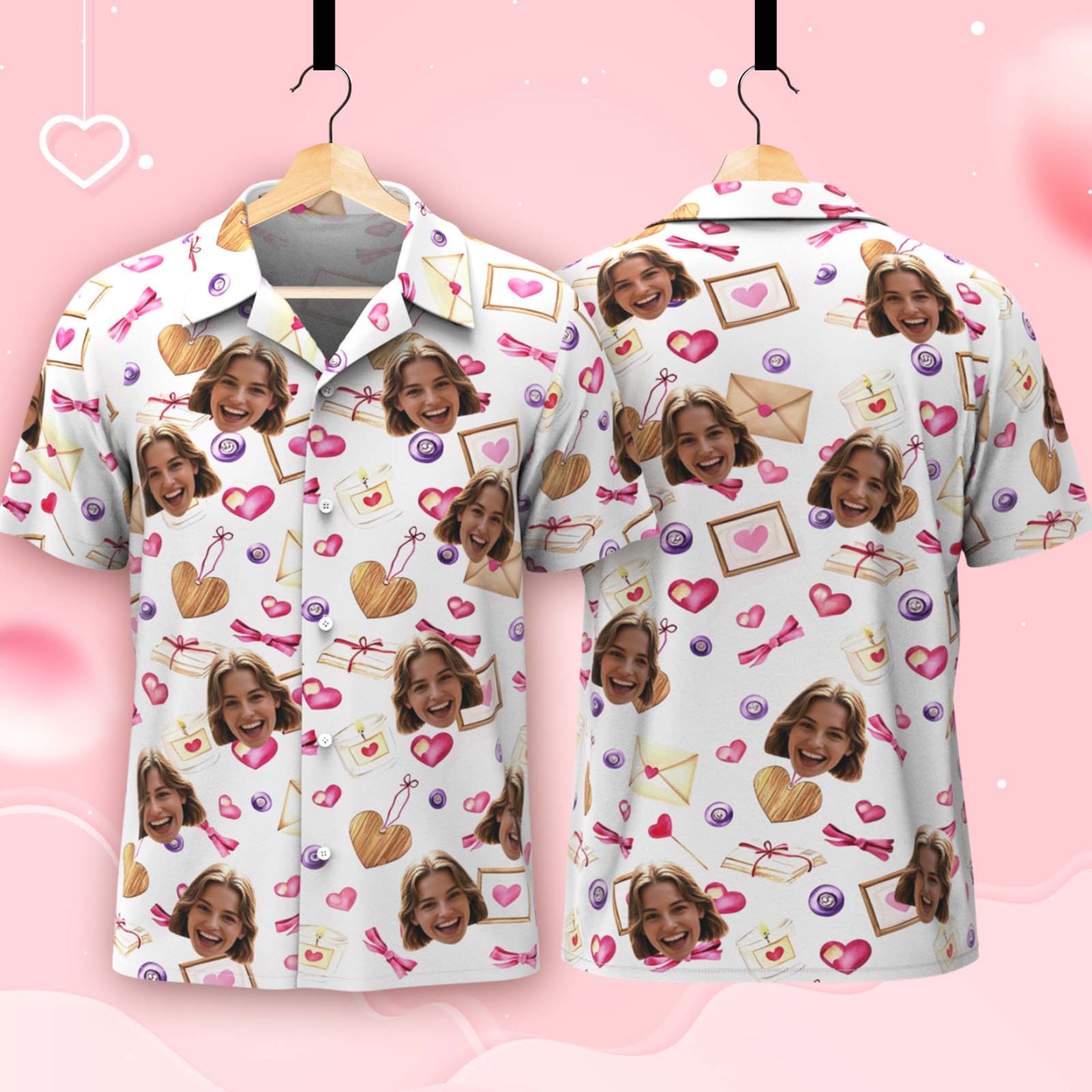 Custom Face Hawaiian Shirt Personalized Valentine's Day Classic Pink Heart And Love Letter Style All Over Shirt for Couples Best Valentine Matching Shirt for Him - auphotoblanket