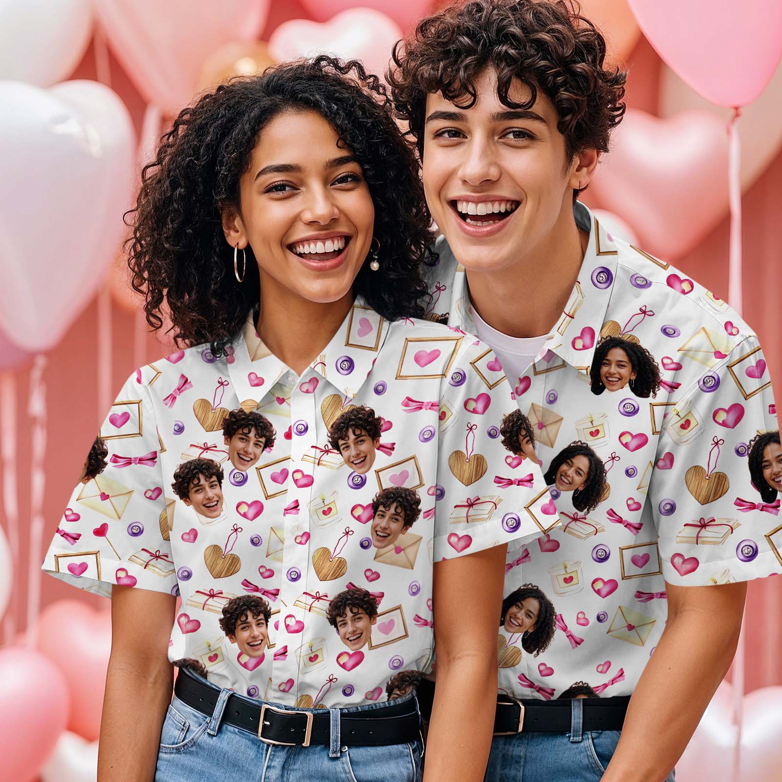 Custom Face Hawaiian Shirt Personalized Valentine's Day Classic Pink Heart And Love Letter Style All Over Shirt for Couples Best Valentine Matching Shirt for Him