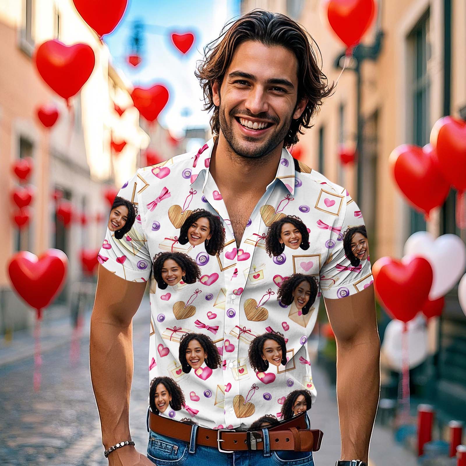 Custom Face Hawaiian Shirt Personalized Valentine's Day Classic Pink Heart And Love Letter Style All Over Shirt for Couples Best Valentine Matching Shirt for Him