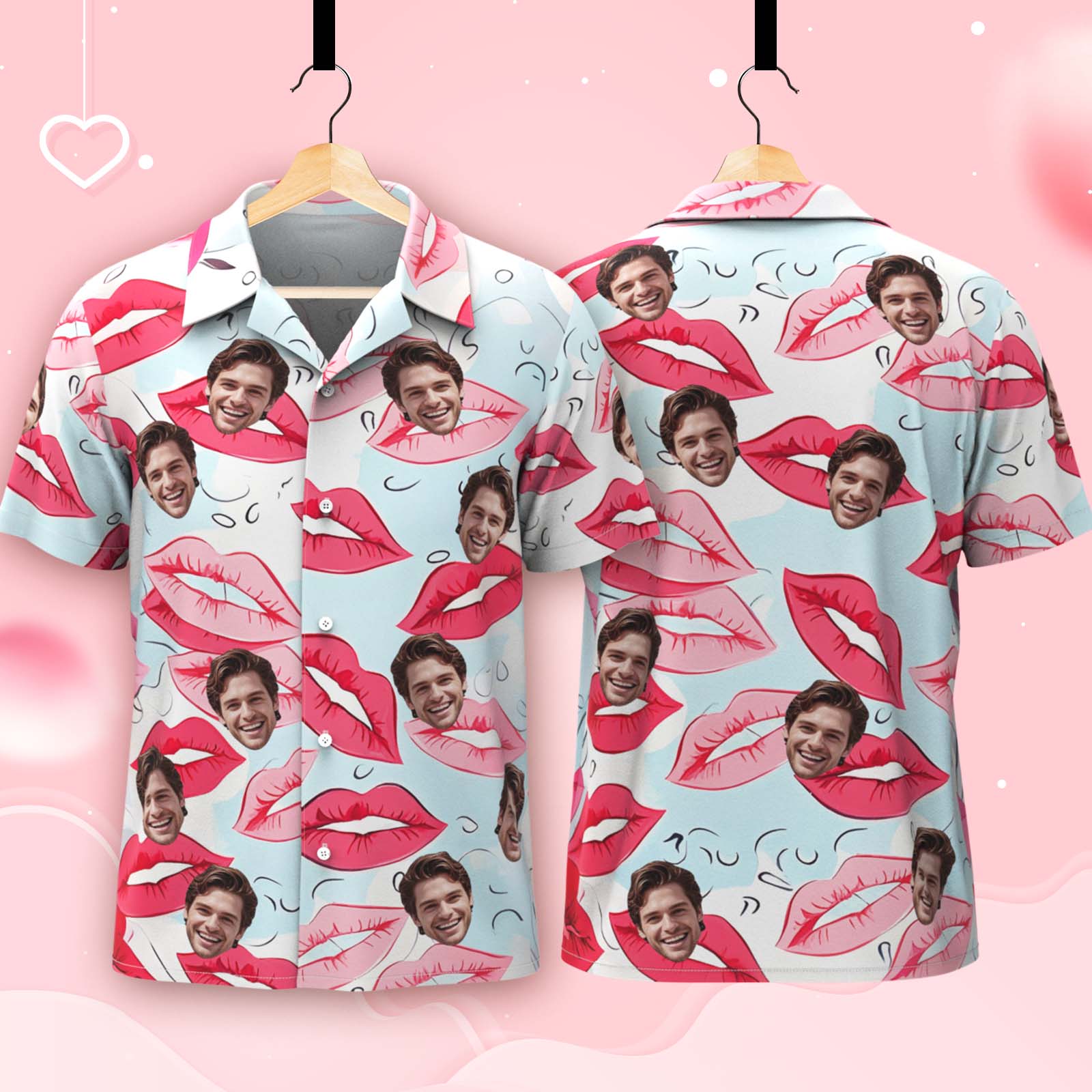 Custom Face Hawaiian Shirt Red Lip Kiss Kiss All Over Valentine's Day Style for Couples