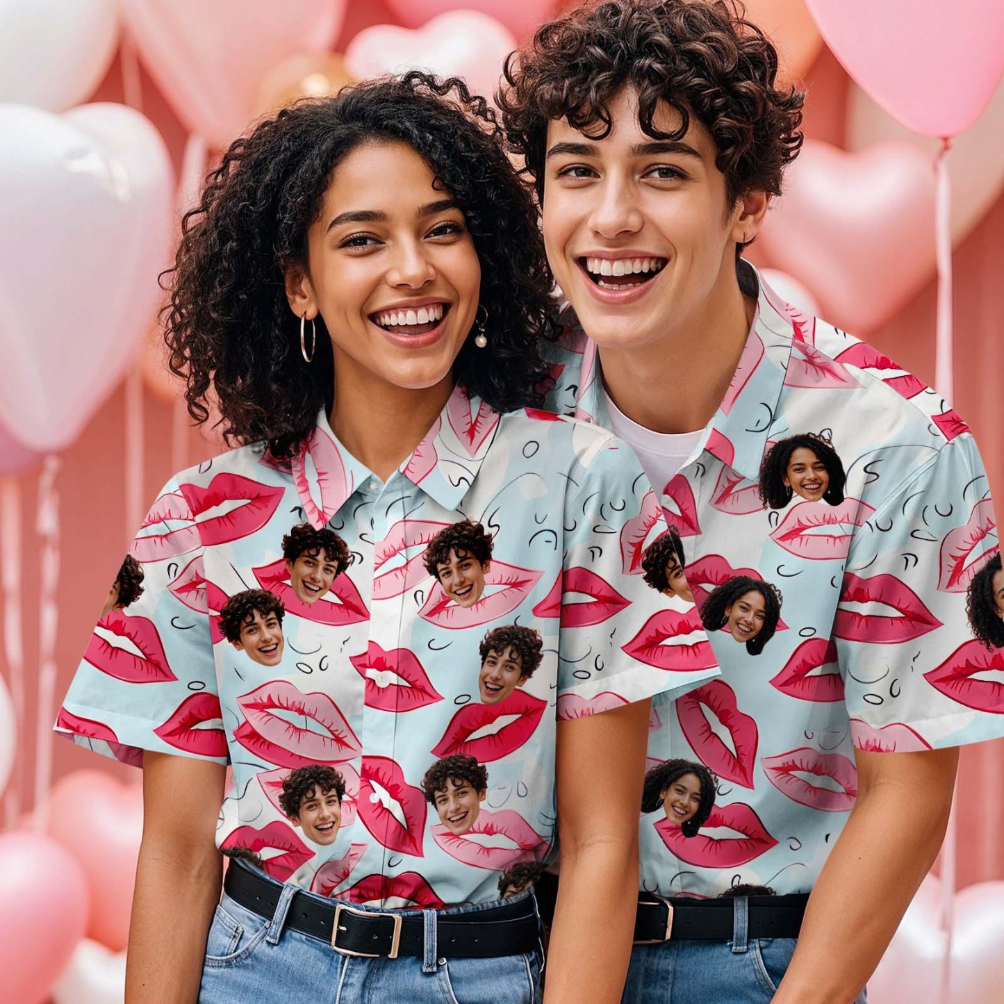 Custom Face Hawaiian Shirt Red Lip Kiss Kiss All Over Valentine's Day Style for Couples - auphotoblanket