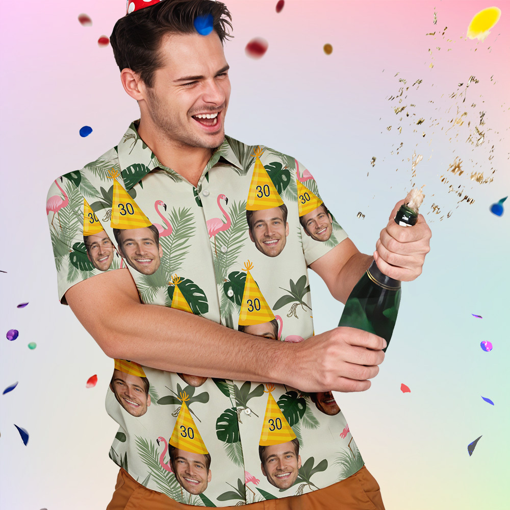 Custom Hawaiian Shirt for Birthday Personalize Flamingo Leaves Shirt Picture Print Shirts Gift for Birthday Party Gift - auphotoblanket