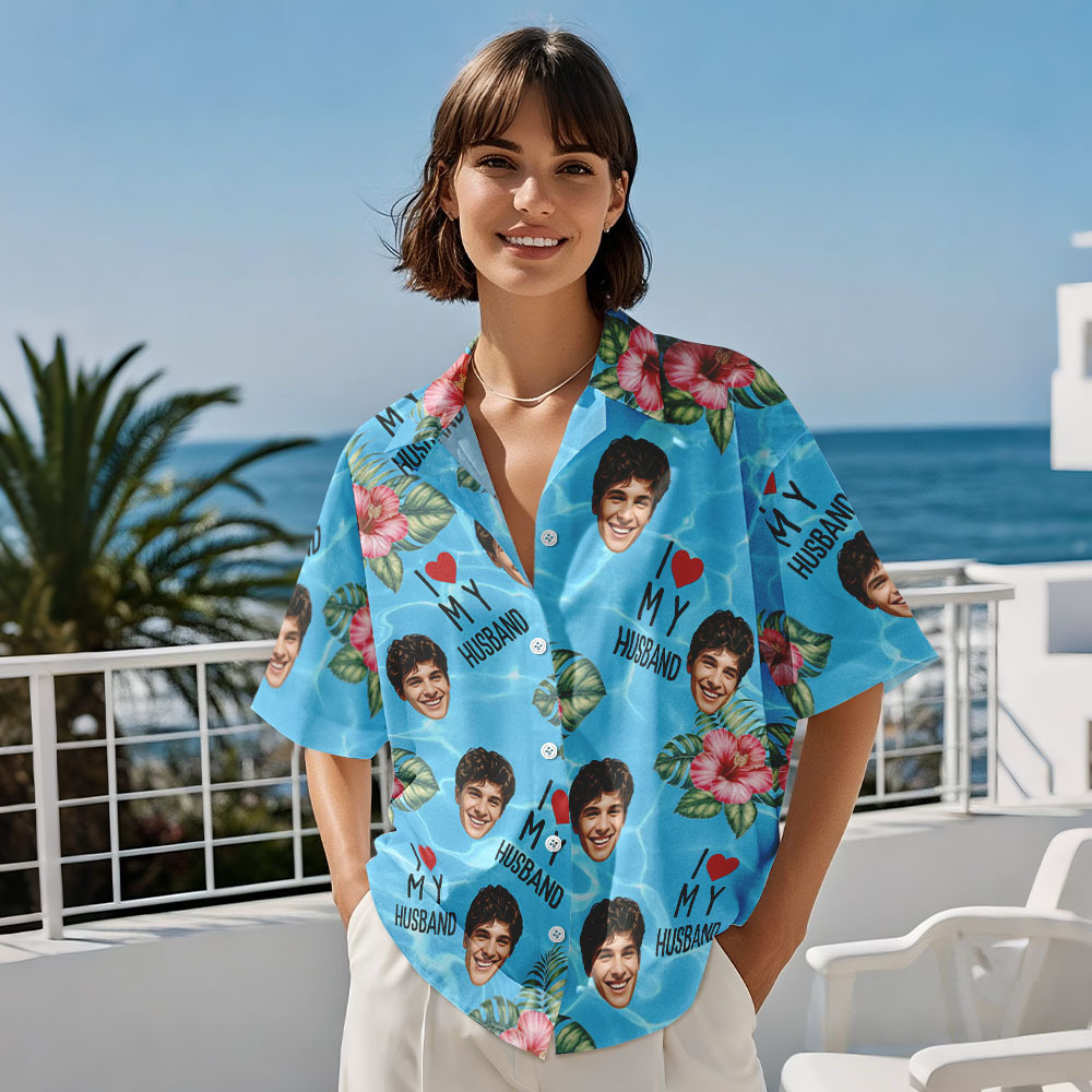 Personalized Face Hawaiian Shirt Summer Vacation Couple Face Hawaiian Shirt I Love My Wife Light Blue Flower Hawaiian Shirt - auphotoblanket
