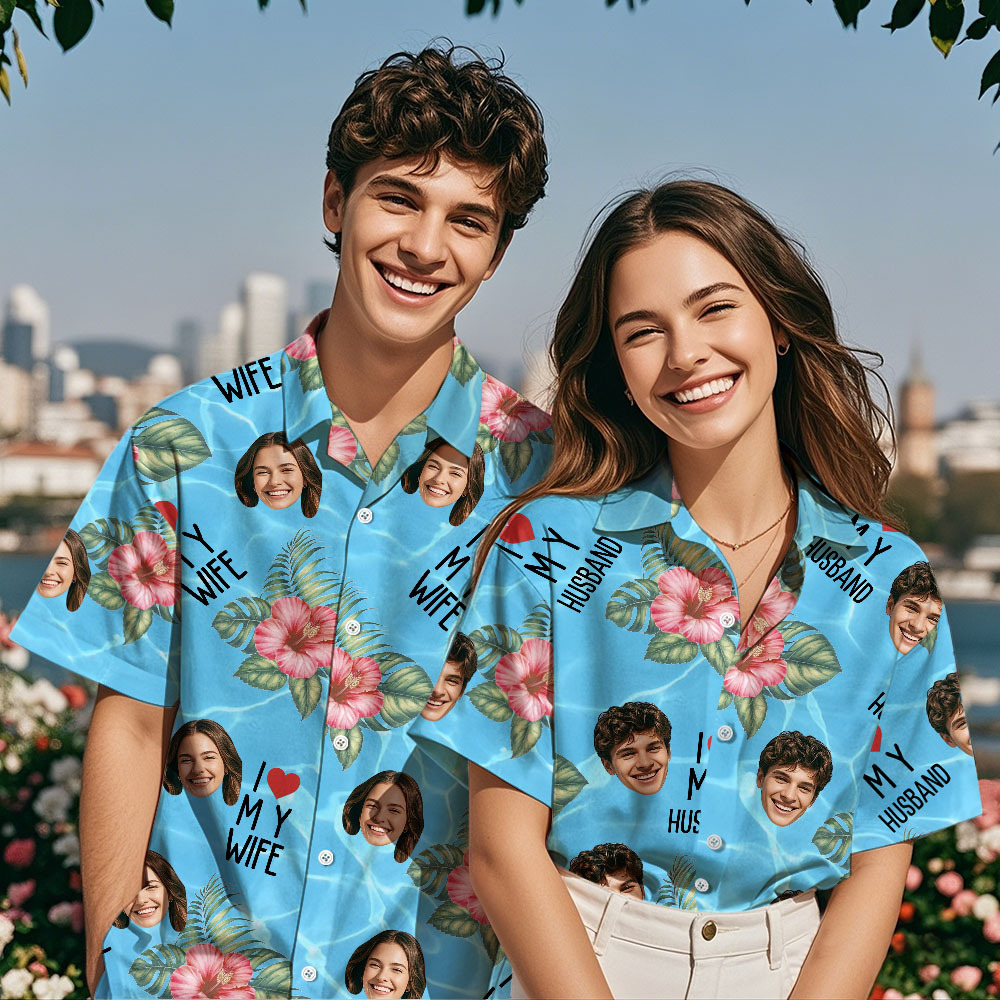 Personalized Face Hawaiian Shirt Summer Vacation Couple Face Hawaiian Shirt I Love My Wife Light Blue Flower Hawaiian Shirt - auphotoblanket