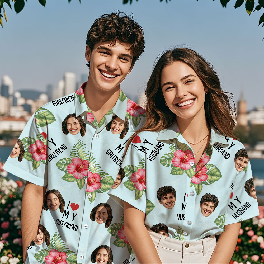 Personalized Face Hawaiian Shirt Summer Vacation Couple Face Hawaiian Shirt I Love My Wife Light Blue Flower Hawaiian Shirt - auphotoblanket