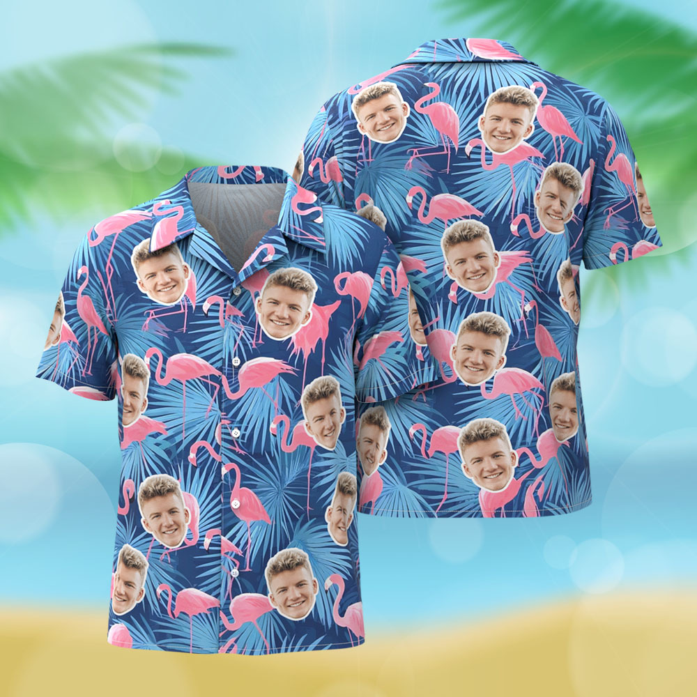 Custom Hawaiian Shirt Blue Flower Flamingo Photo Hawaiian Shirt Funny Vacation Party Shirts - auphotoblanket
