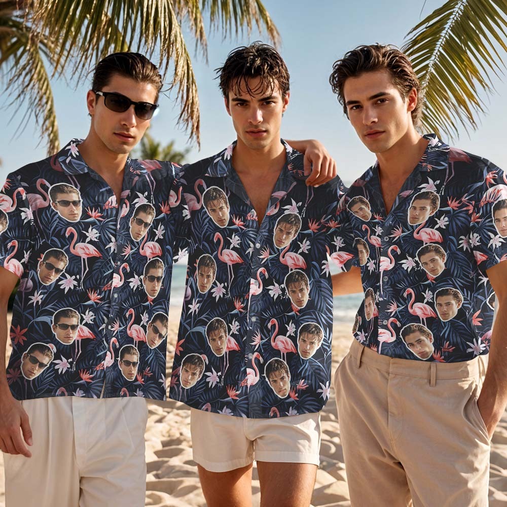 Custom Hawaiian Shirt Flower Flamingo Photo Hawaiian Shirt Dark Blue Funny Vacation Party Shirts - auphotoblanket