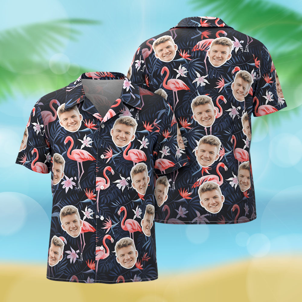 Custom Hawaiian Shirt Flower Flamingo Photo Hawaiian Shirt Dark Blue Funny Vacation Party Shirts - auphotoblanket
