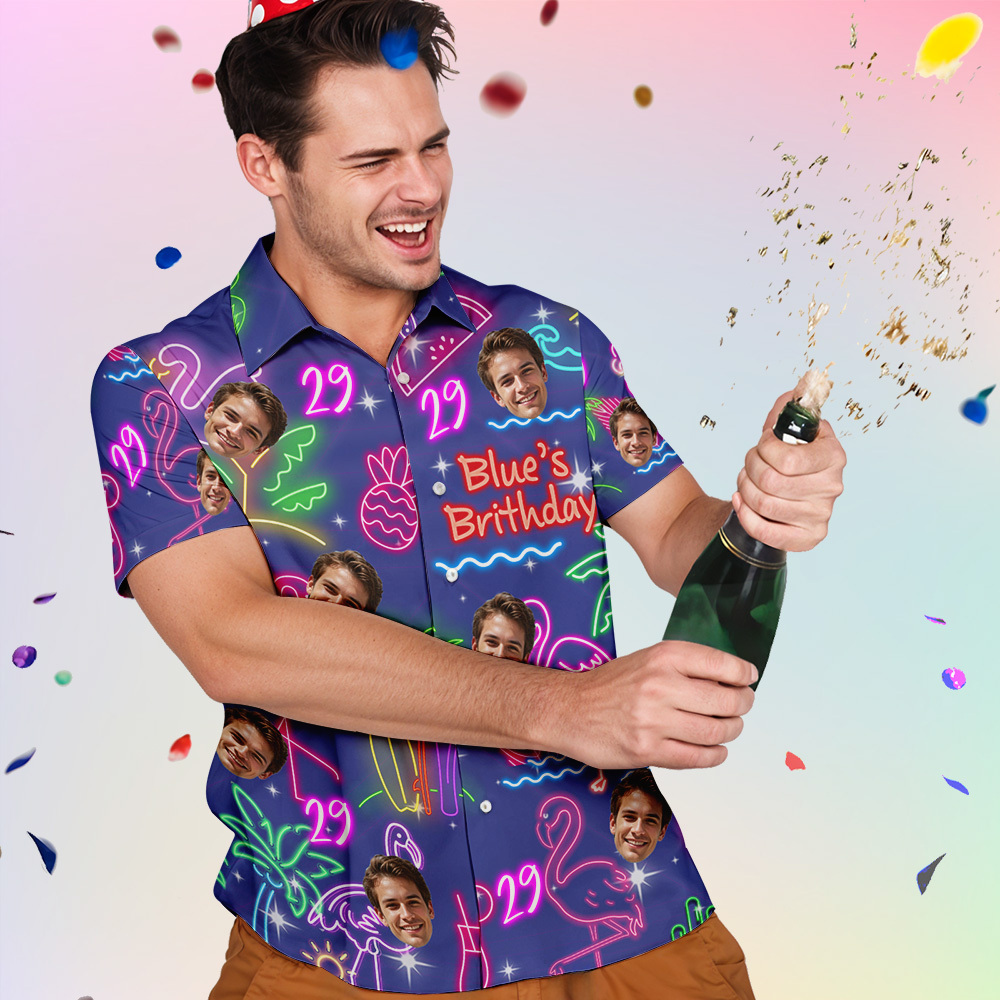 Custom Neon Birthday Party Hawaiian Shirt Personalized Age & Text, Tropical Flamingo Pineapple Coconut Tree Theme - auphotoblanket