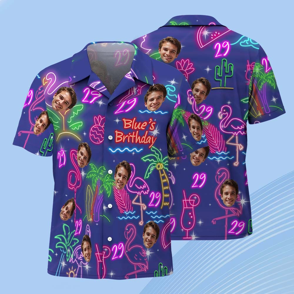 Custom Neon Birthday Party Hawaiian Shirt Personalized Age & Text, Tropical Flamingo Pineapple Coconut Tree Theme - auphotoblanket