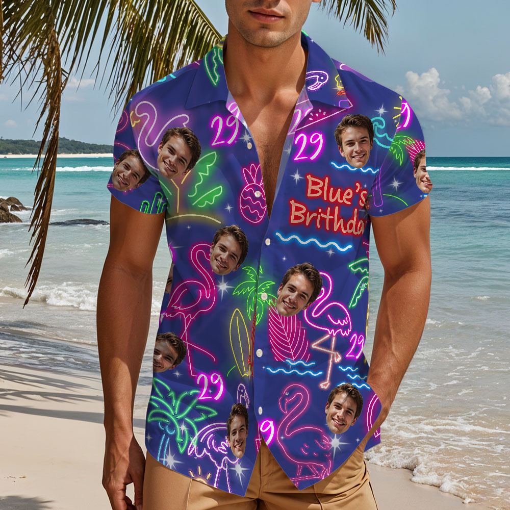 Custom Neon Birthday Party Hawaiian Shirt Personalized Age & Text, Tropical Flamingo Pineapple Coconut Tree Theme - auphotoblanket