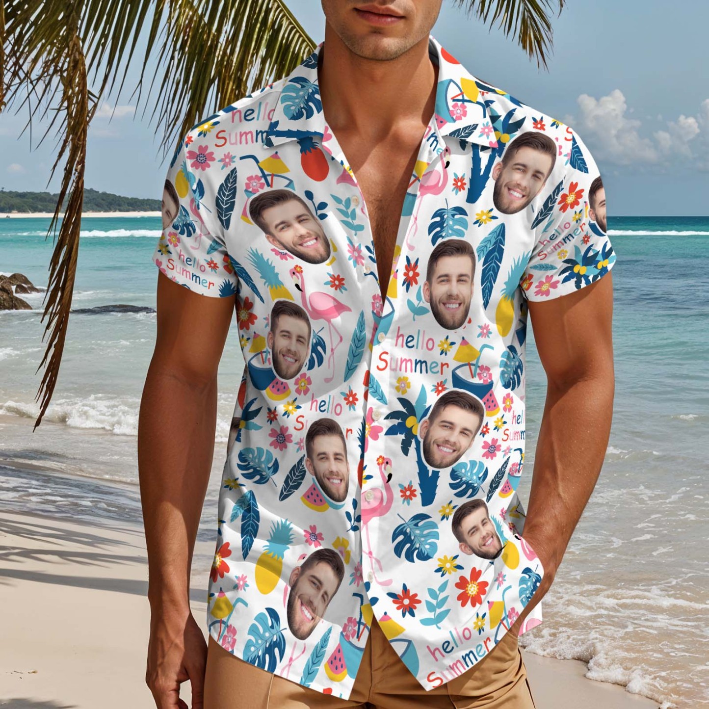 Custom Hawaiian Shirts WIth Face Men Aloha Shirts Cute Tropical Plants & Flamingos Shirts For Him - auphotoblanket