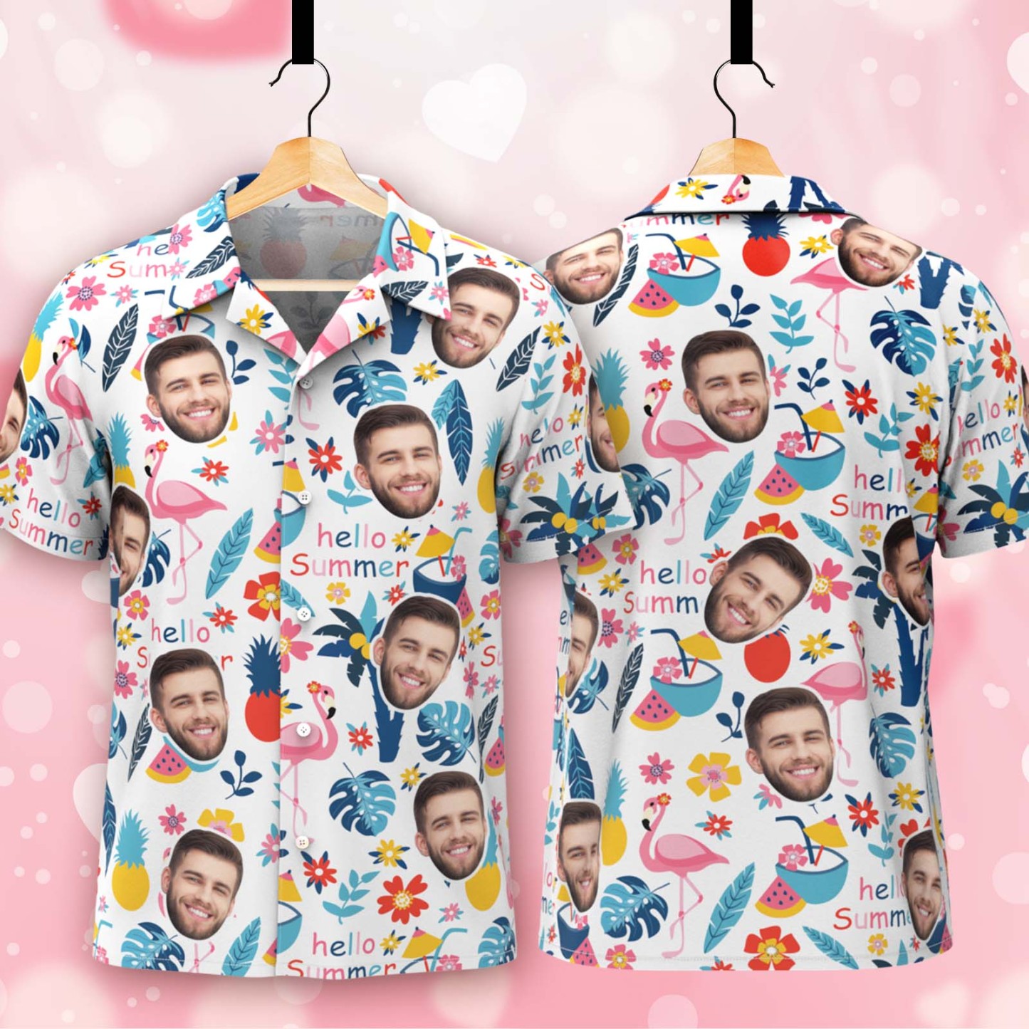 Custom Hawaiian Shirts WIth Face Men Aloha Shirts Cute Tropical Plants & Flamingos Shirts For Him - auphotoblanket