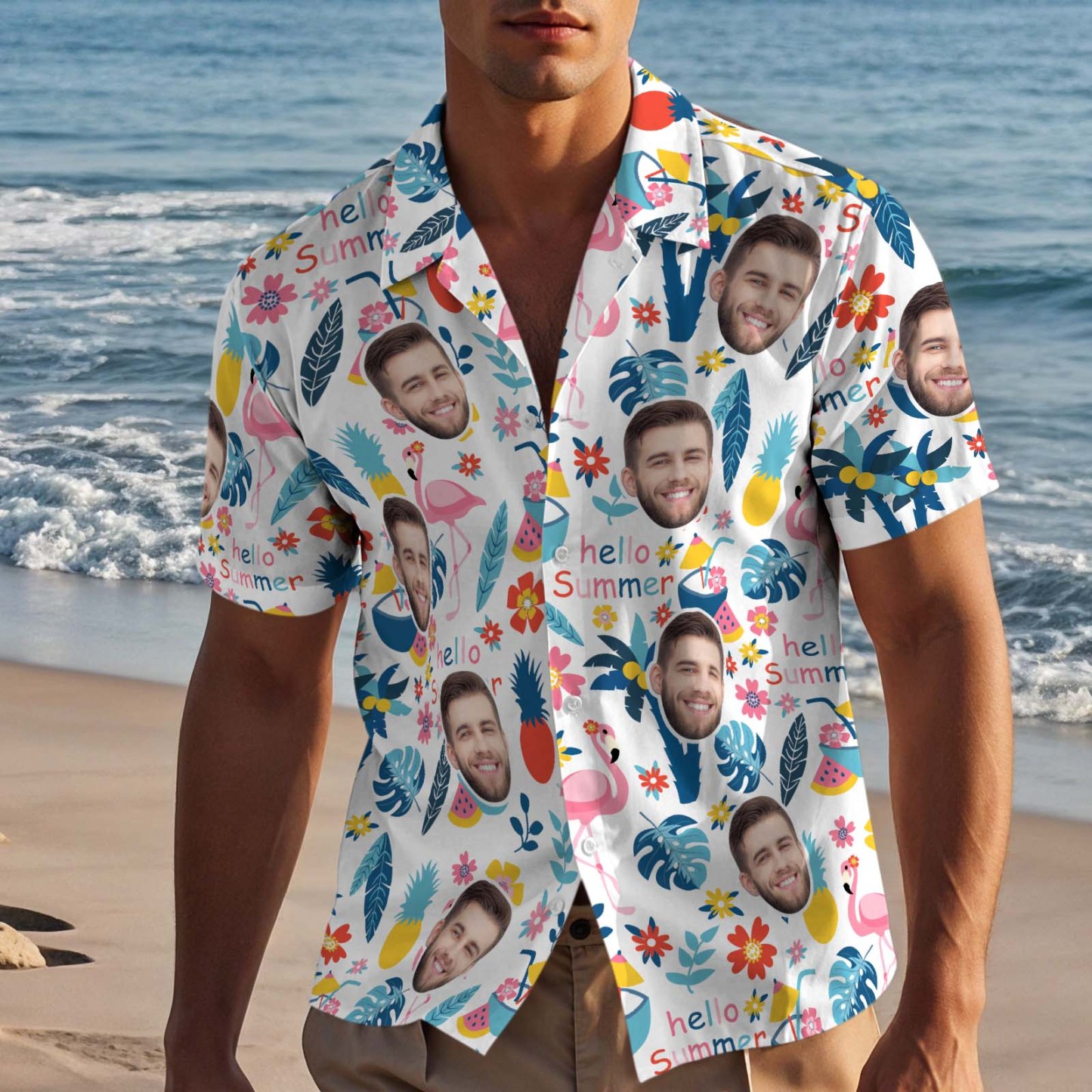 Custom Hawaiian Shirts WIth Face Men Aloha Shirts Cute Tropical Plants & Flamingos Shirts For Him - auphotoblanket
