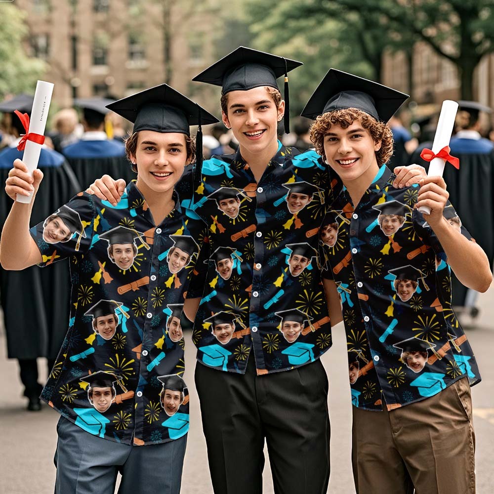 Custom Graduation Hawaiian Shirt Fireworks & Cap Design with Face Photo - auphotoblanket