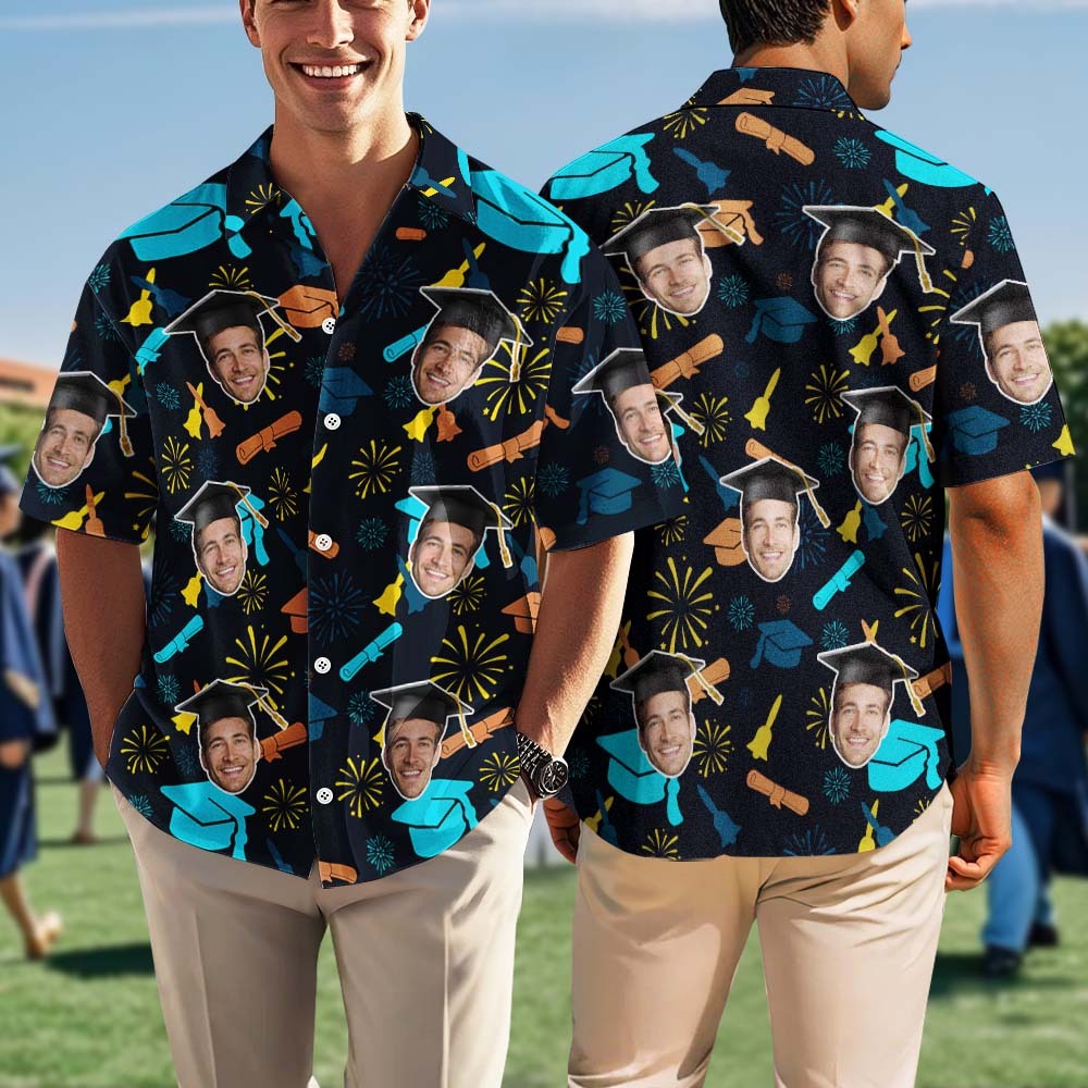 Custom Graduation Hawaiian Shirt Fireworks & Cap Design with Face Photo - auphotoblanket