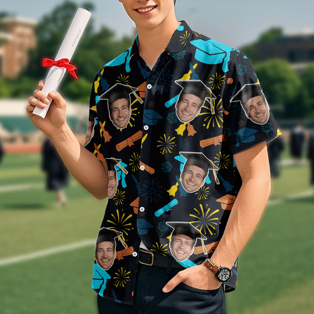 Custom Graduation Hawaiian Shirt Fireworks & Cap Design with Face Photo - auphotoblanket