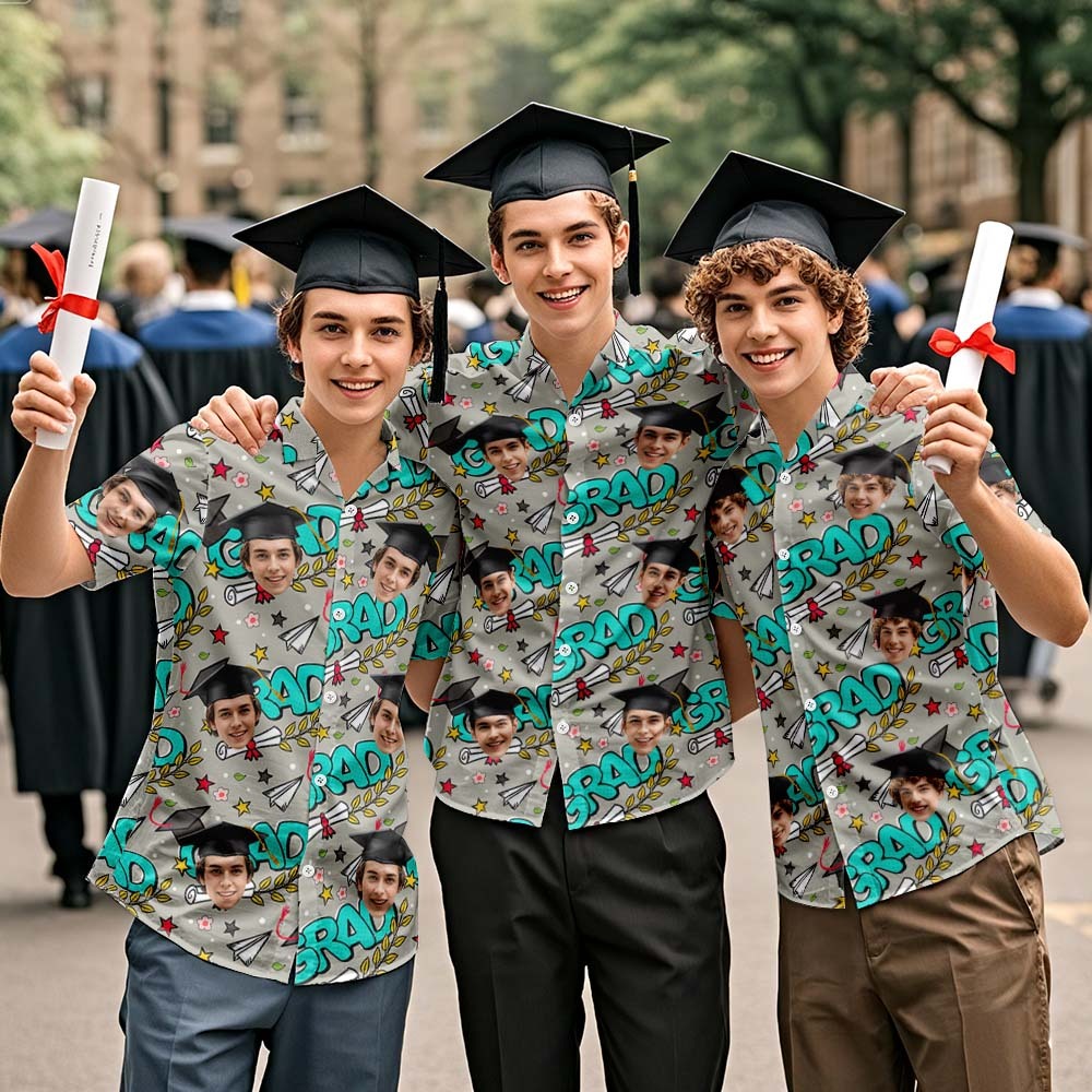 Custom Hawaiian Shirts Personalized Grad-Themed Aloha Shirt – Doodles & Face All-Over Print - auphotoblanket