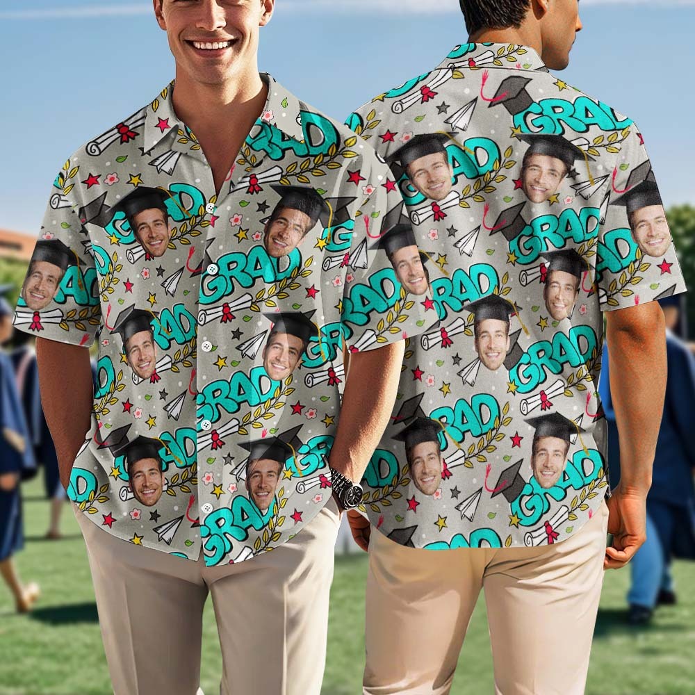 Custom Hawaiian Shirts Personalized Grad-Themed Aloha Shirt – Doodles & Face All-Over Print - auphotoblanket
