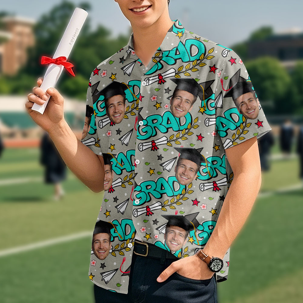Custom Hawaiian Shirts Personalized Grad-Themed Aloha Shirt – Doodles & Face All-Over Print - auphotoblanket