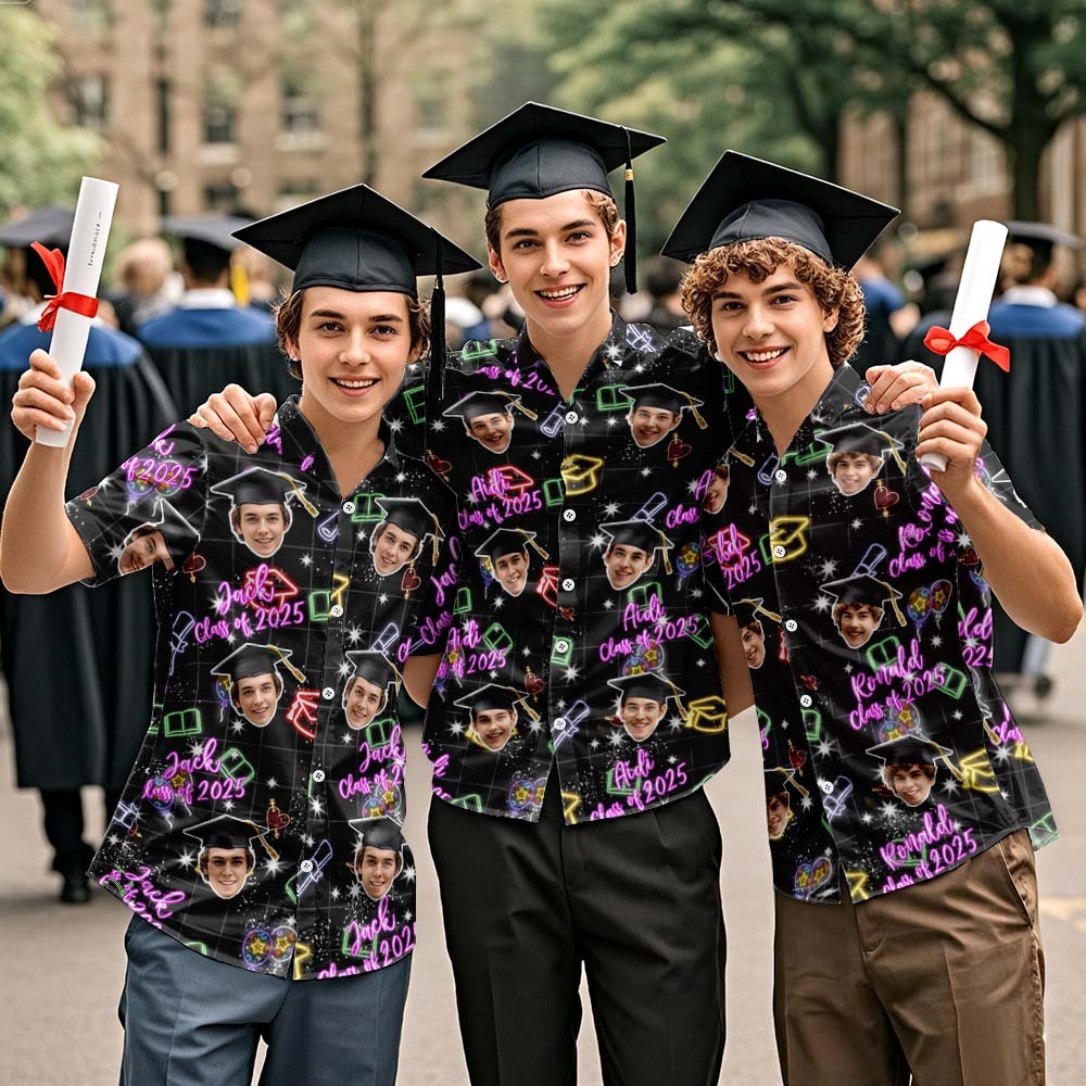 Class of 2025 Custom Hawaiian Shirt Neon Graduation Print with Name & Face - auphotoblanket