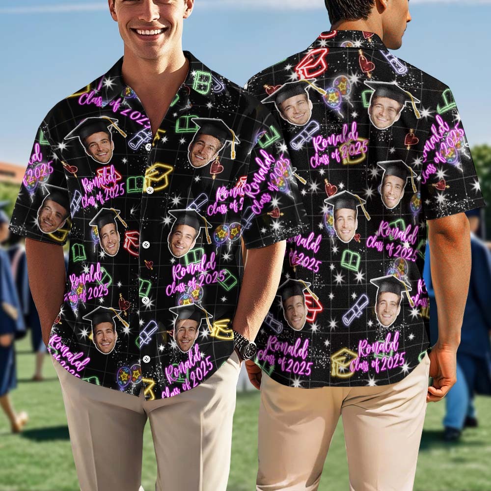 Class of 2025 Custom Hawaiian Shirt Neon Graduation Print with Name & Face - auphotoblanket