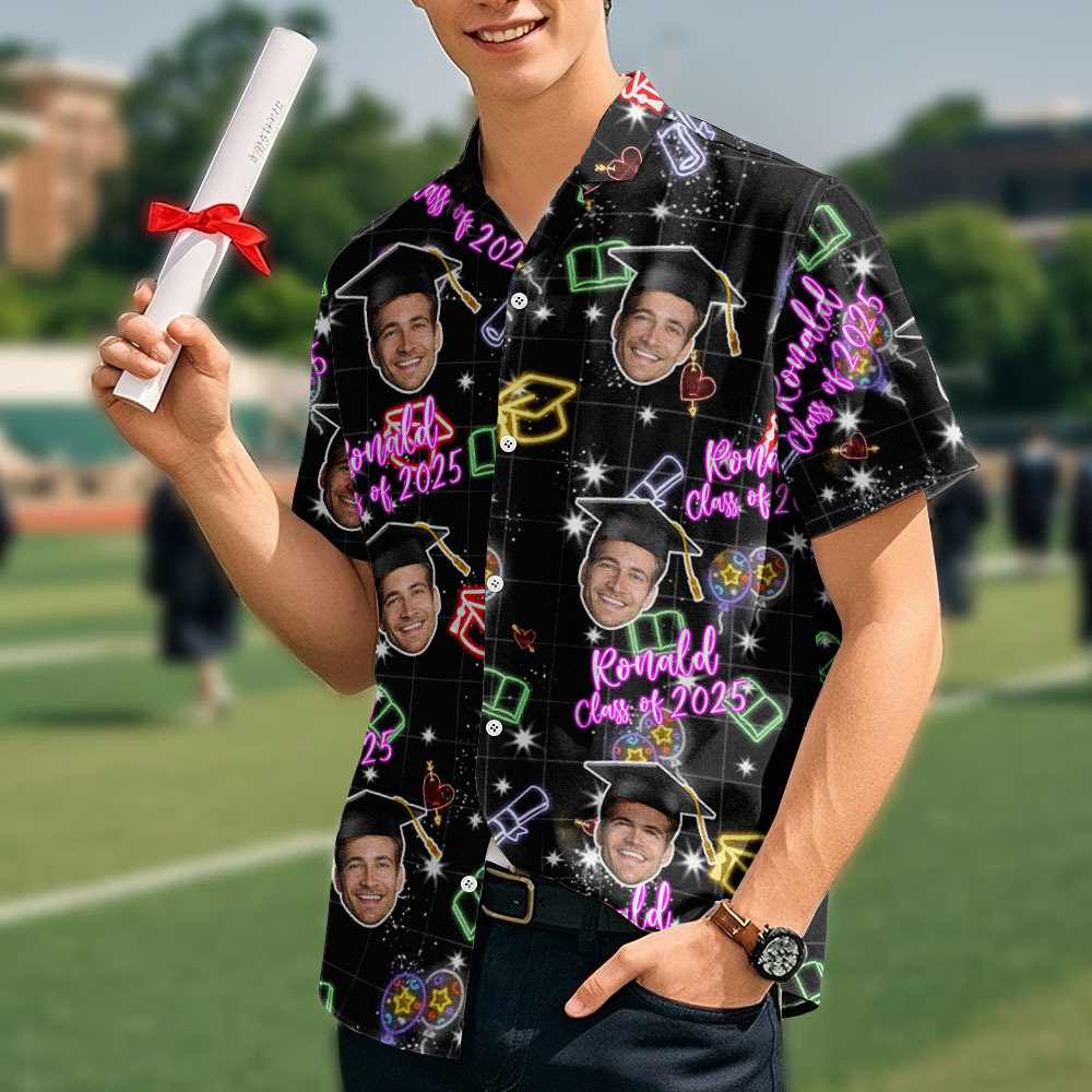 Class of 2025 Custom Hawaiian Shirt Neon Graduation Print with Name & Face - auphotoblanket