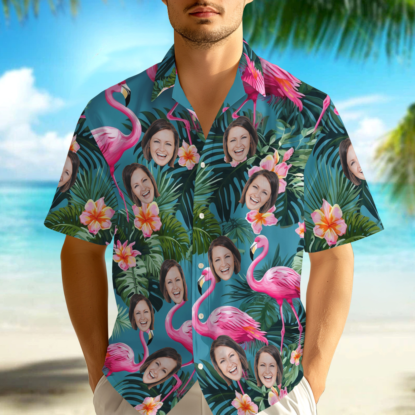 Custom Face Pink Flower Hawaiian Shirt Personalized Pink Flamingo Pattern Hawaiian Shirt Gift For Him - auphotoblanket