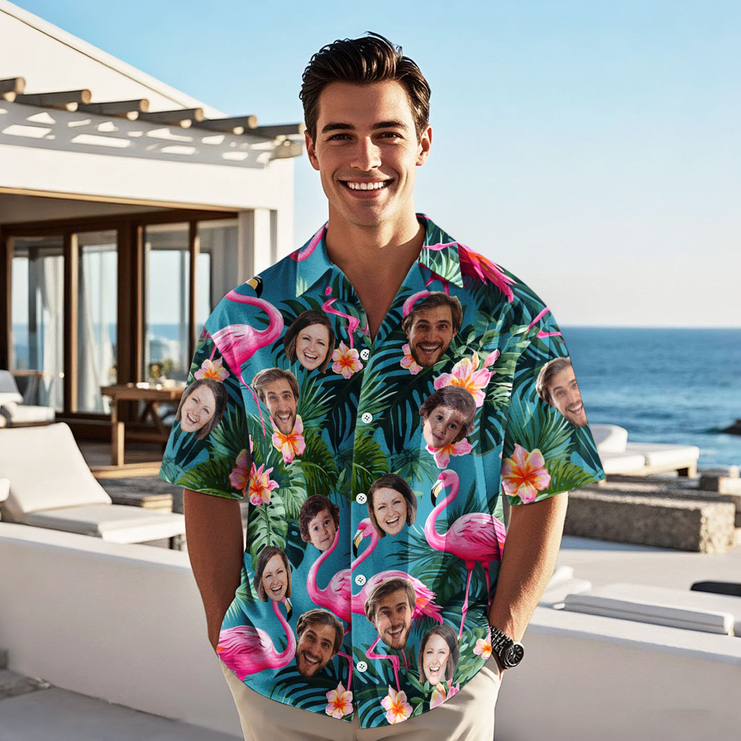 Custom Face Pink Flower Hawaiian Shirt Personalized Pink Flamingo Pattern Hawaiian Shirt Gift For Him - auphotoblanket