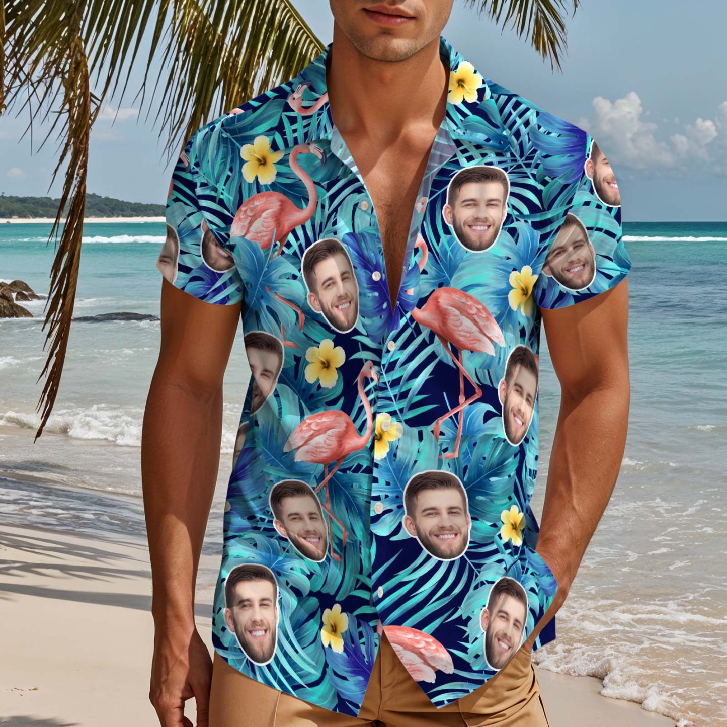 Custom Face Hawaiian Shirts Flamingo Aloha Beach Shirt Men Casual Button-Down Shirts - Blue - auphotoblanket