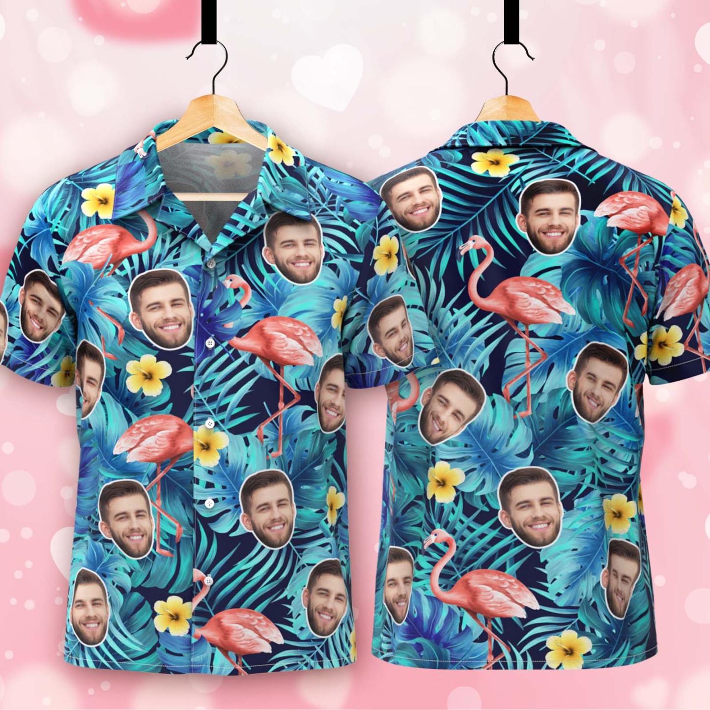 Custom Face Hawaiian Shirts Flamingo Aloha Beach Shirt Men Casual Button-Down Shirts - Blue - auphotoblanket