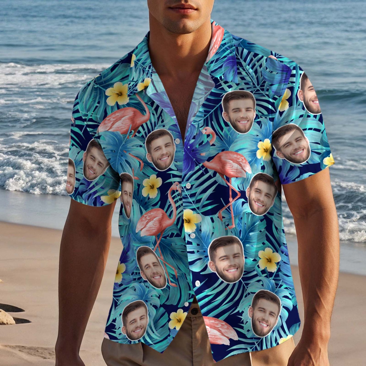 Custom Face Hawaiian Shirts Flamingo Aloha Beach Shirt Men Casual Button-Down Shirts - Blue - auphotoblanket