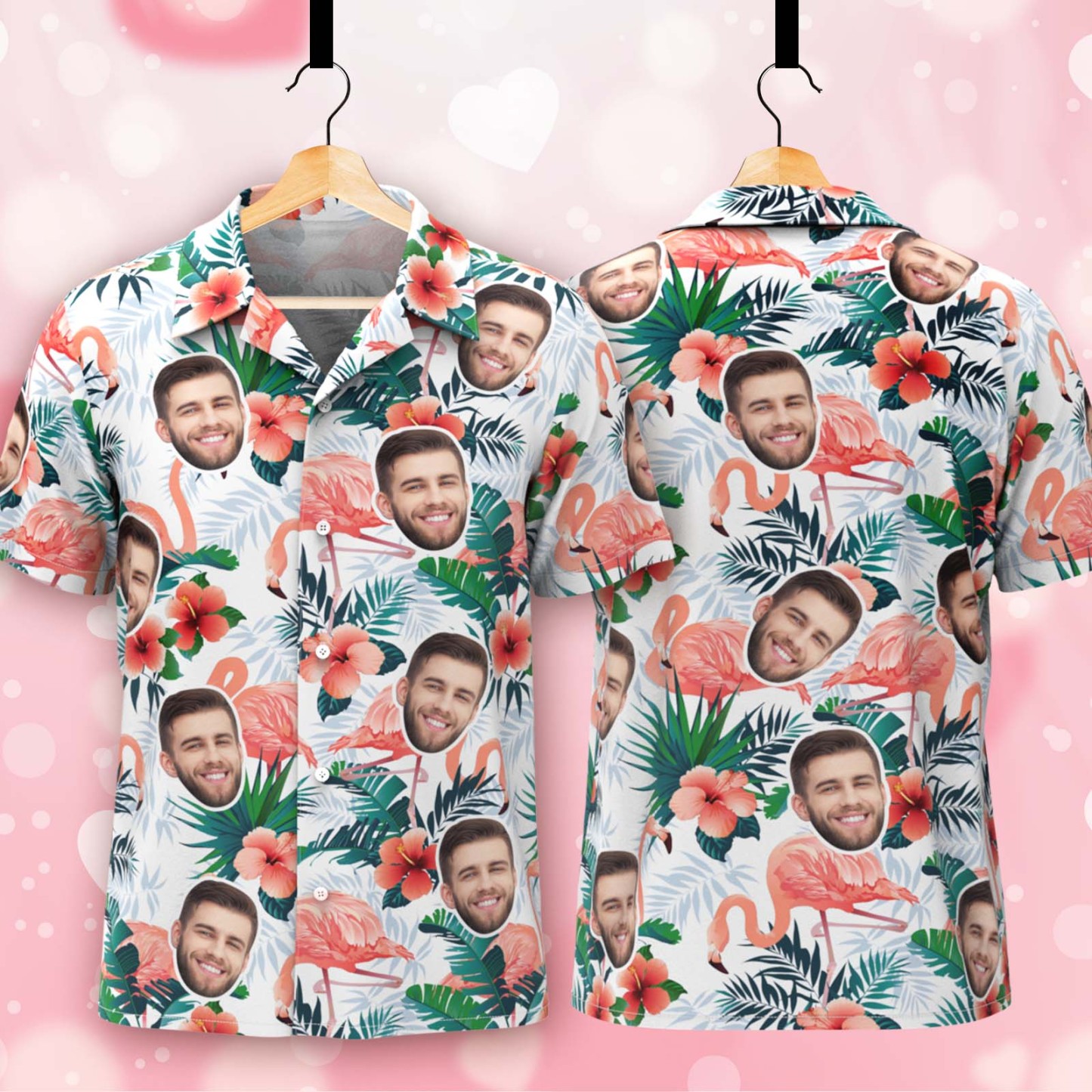 Custom Face Hawaiian Shirts Flamingo Men Aloha Shirt - White - auphotoblanket