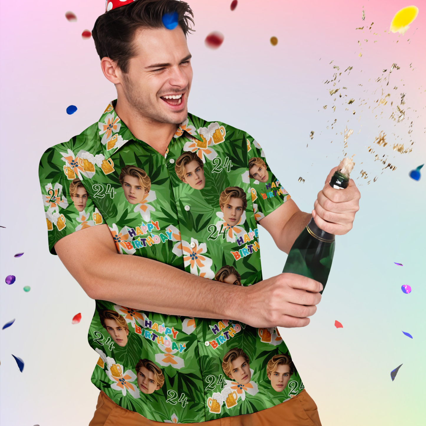 Custom Face Hawaiian Shirt Tropical Leaf Celebration Green Shirt Personalized Birthday Party Shirt for Men, Bachelor, or Holiday Trip - auphotoblanket
