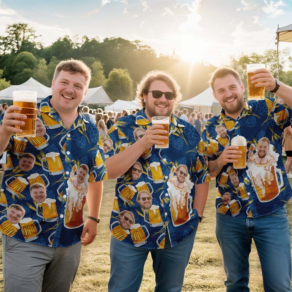 Custom Face Giant Beer Stein Blue Hawaiian Shirt Personalized Beer Lover Shirt for Parties, Festivals or Dad’s Gift - auphotoblanket