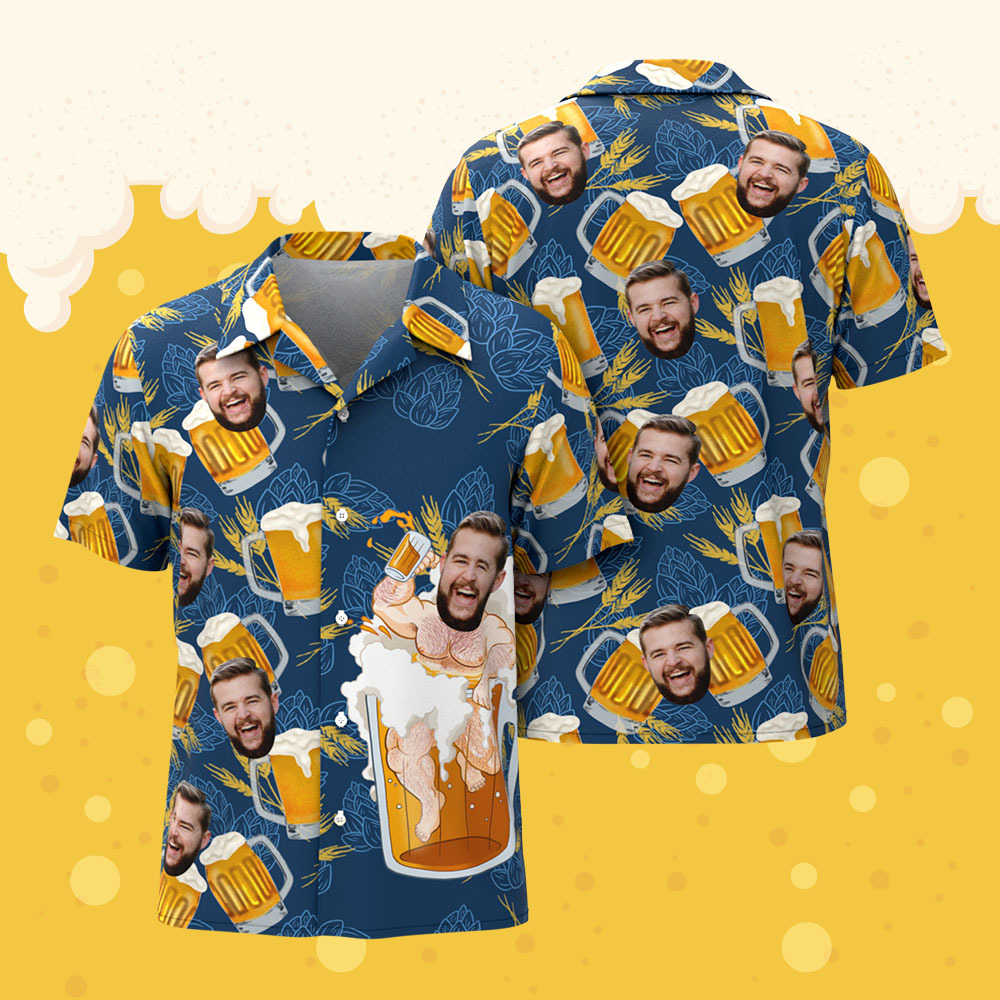 Custom Face Giant Beer Stein Blue Hawaiian Shirt Personalized Beer Lover Shirt for Parties, Festivals or Dad’s Gift - auphotoblanket