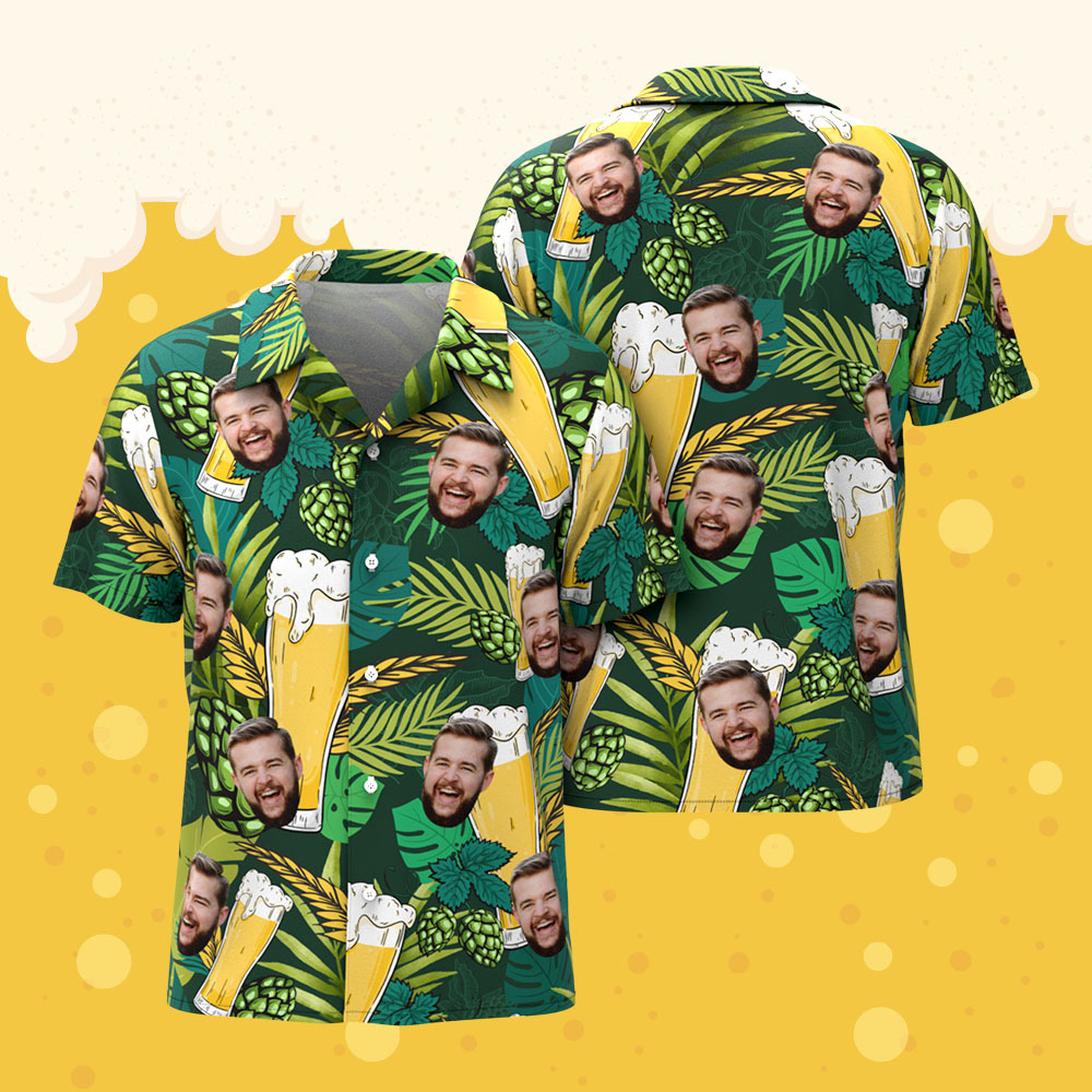 Custom Face Tropical Lager Leaf Hawaiian Shirt Funny Personalized Beer Shirt for Beer Lover, Summer BBQ, Camping - auphotoblanket