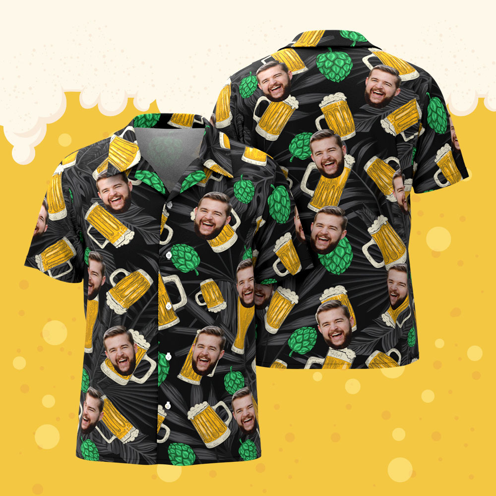 Custom Face Beer & Hops Black Hawaiian Shirt – Funny Drinking Shirt for Men, Oktoberfest, Pub Crawl, or Vacation Outfit - auphotoblanket