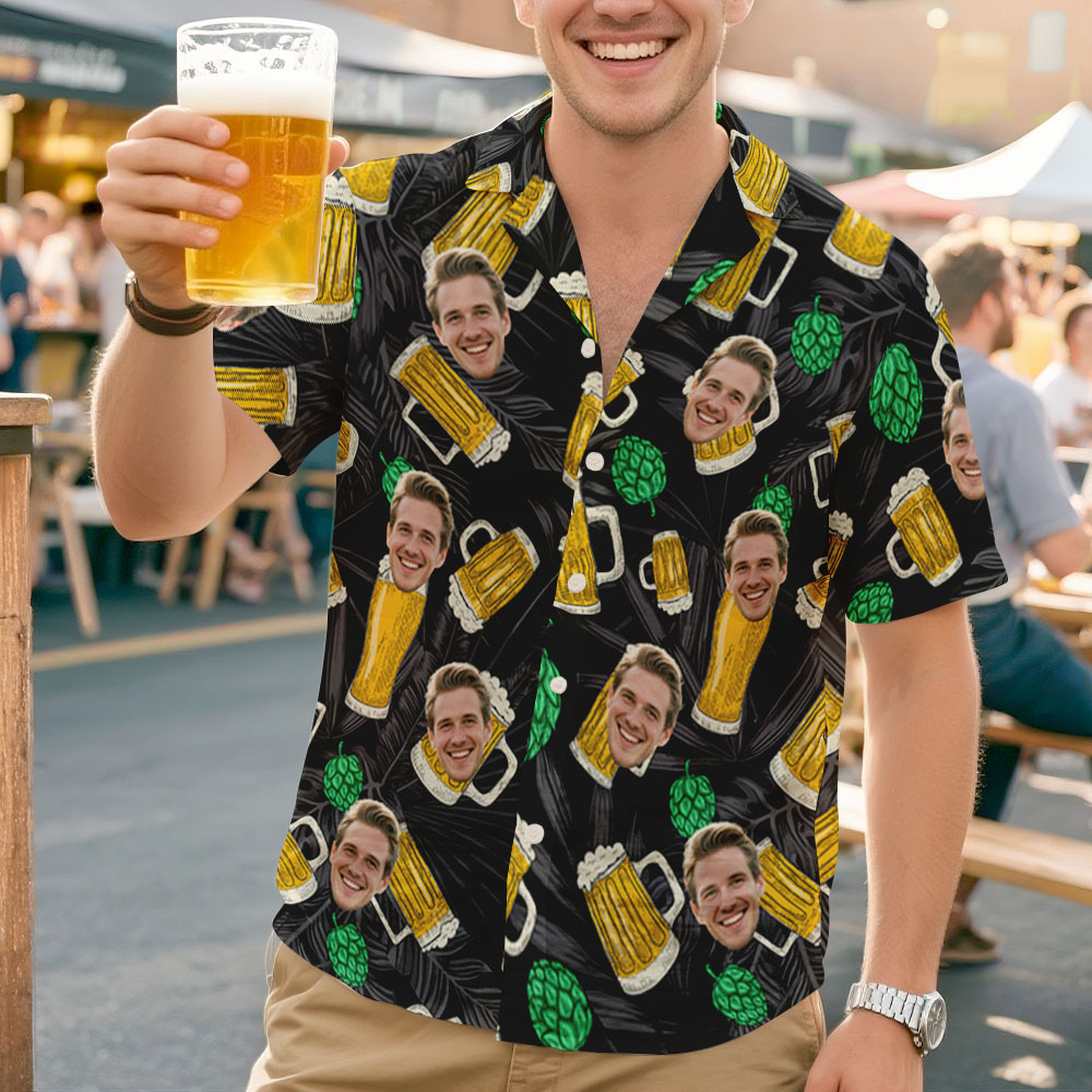 Custom Face Beer & Hops Black Hawaiian Shirt – Funny Drinking Shirt for Men, Oktoberfest, Pub Crawl, or Vacation Outfit - auphotoblanket
