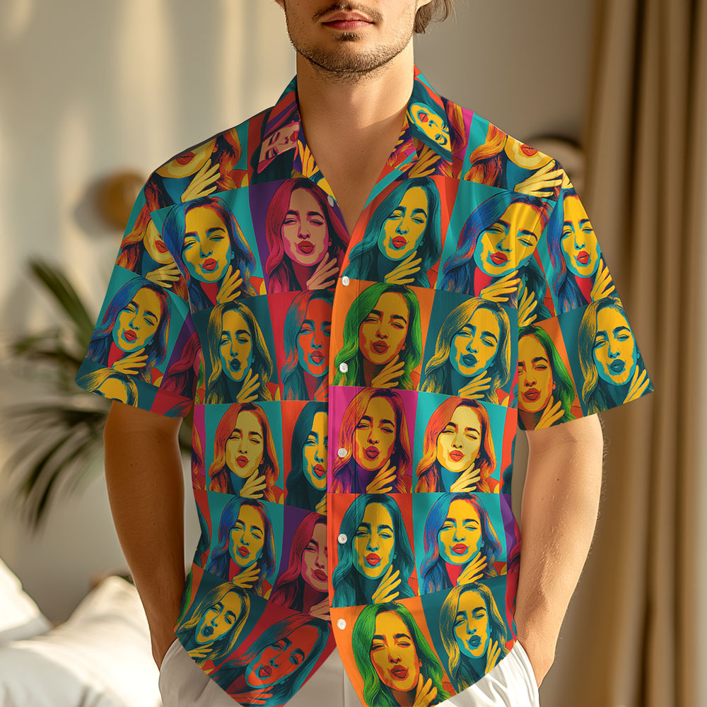 Pop Art Custom Face Hawaiian Shirt Bold Colorful Pattern Fun Personalized Gift - auphotoblanket